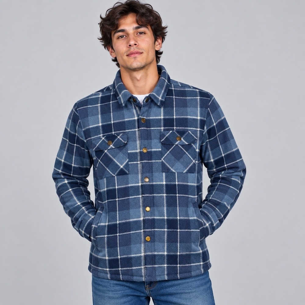 Voyager Jacket Mens Medium Blue Plaid Sherpa Lined Fleece Shirt Snap Front